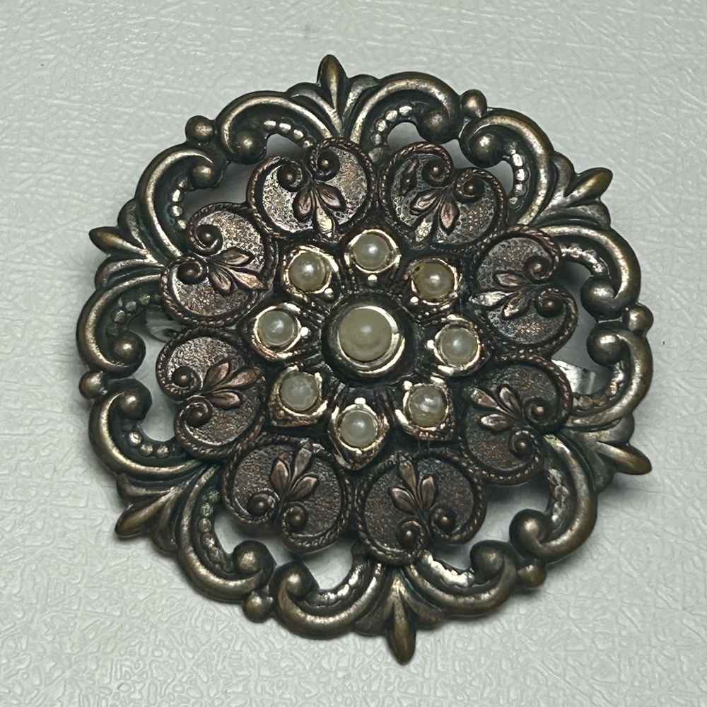 Vintage Victorian Revival Brooch Pin with Faux Pearls and intricate design